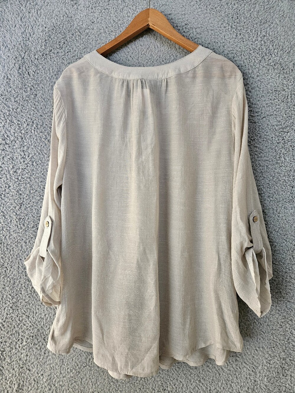 I.N. Studio Taupe Blouse 1X Roll Tab Sleeve Button Front Lace Woman Plus Top - Picture 2 of 14